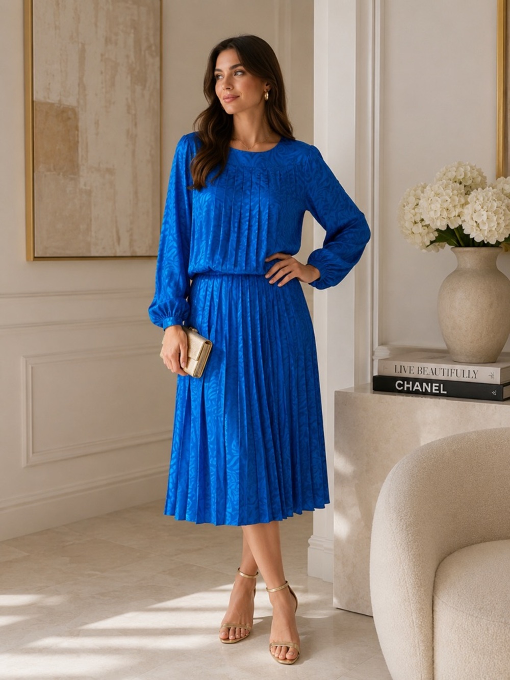 Nieman Marcus Silk Vintage Two-Piece Pleated Midi Skirt Set in Vibrant Blue
